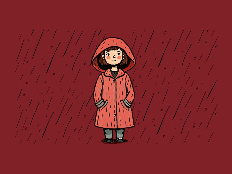 우비를 입은 소녀와 빗방울 감성 일러스트